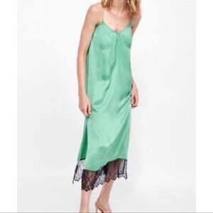 Zara Studio Green Teal Satin Slip Midi Dress Black Lace Trim